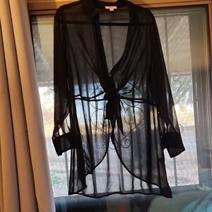 Bar III Black Sheer Women's Button Down Blouse With Tie Waist.